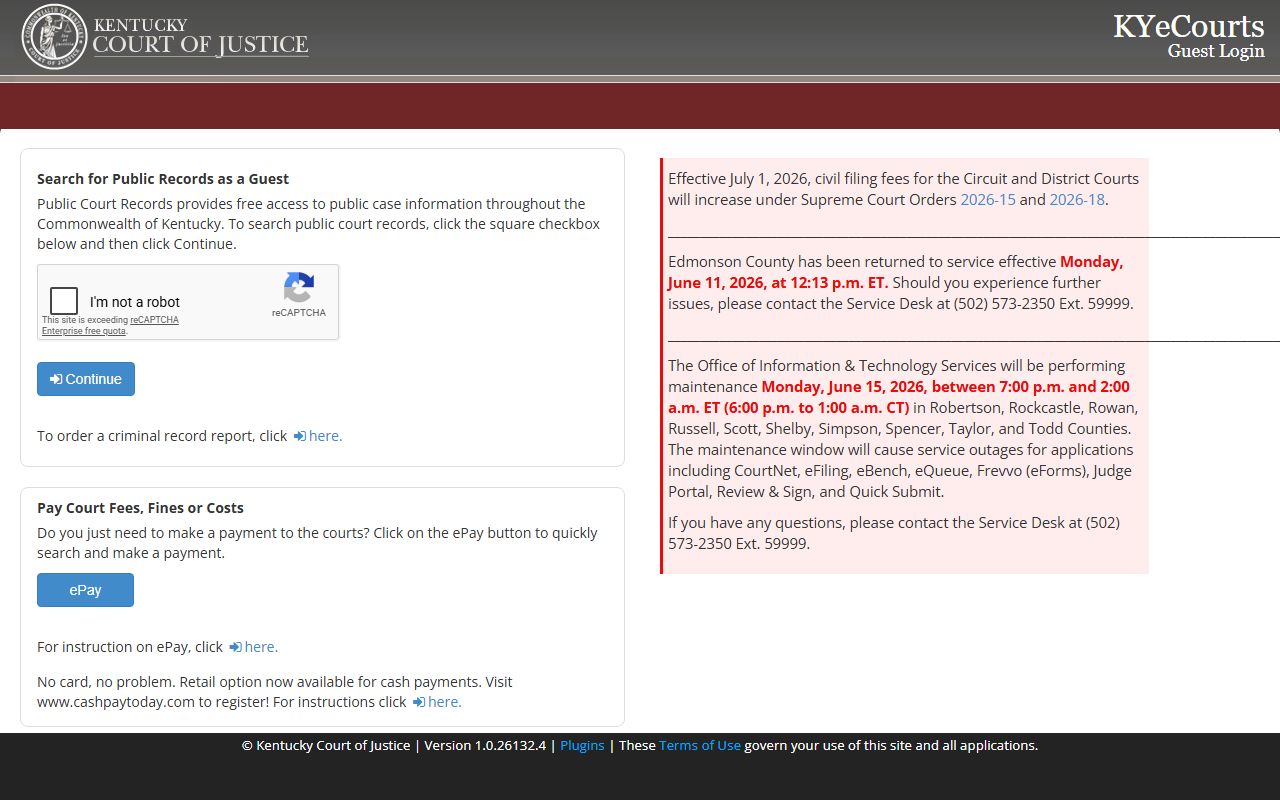 KYeCourts guest login for Lewis County court records after a jail arrest